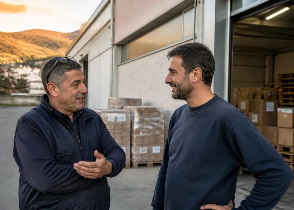 Alessio Massaro con un collaboratore davanti al magazzino OMI Italia a Castelfidardo